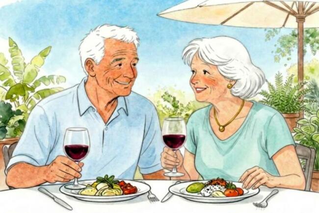 consommation alimentaire des seniors - image IA Canvas d'un couple grisonnant en terrasse au restaurant