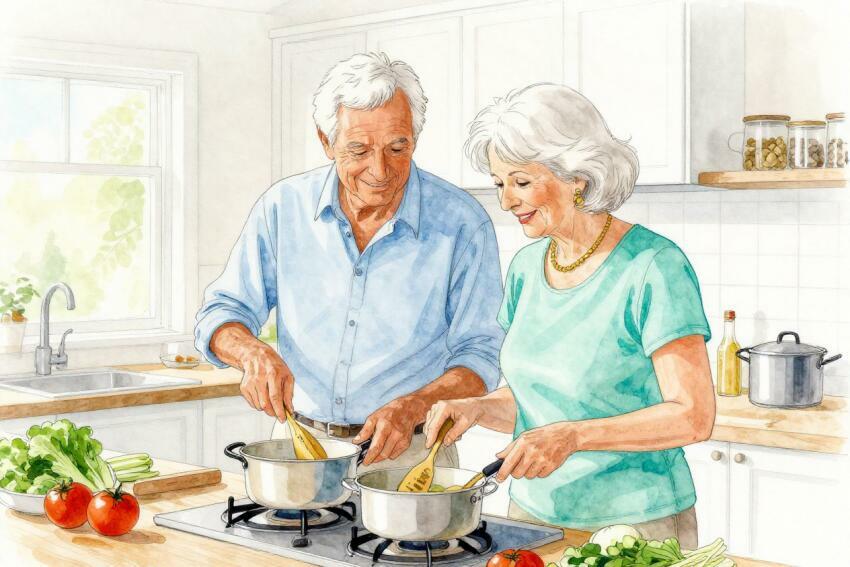 alimentation senior - dessin d'un couple grisonnant en train de préparer un repas (obtenu par IA Canvas)